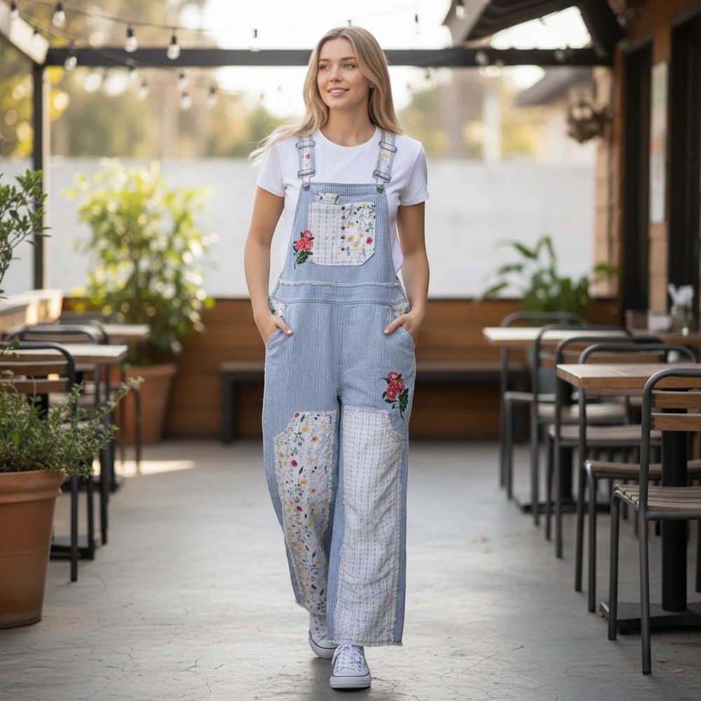 POL Women's M Hickory Stripe Floral Patchwork Wide Leg Overalls Boho Cottage